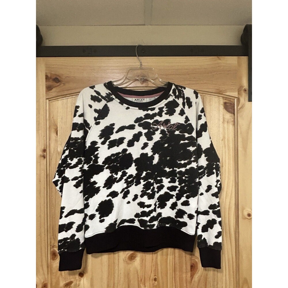 Ariat Real Women’s Pullover Cow Print Sweatshirt Pink Embroidery Size Medium